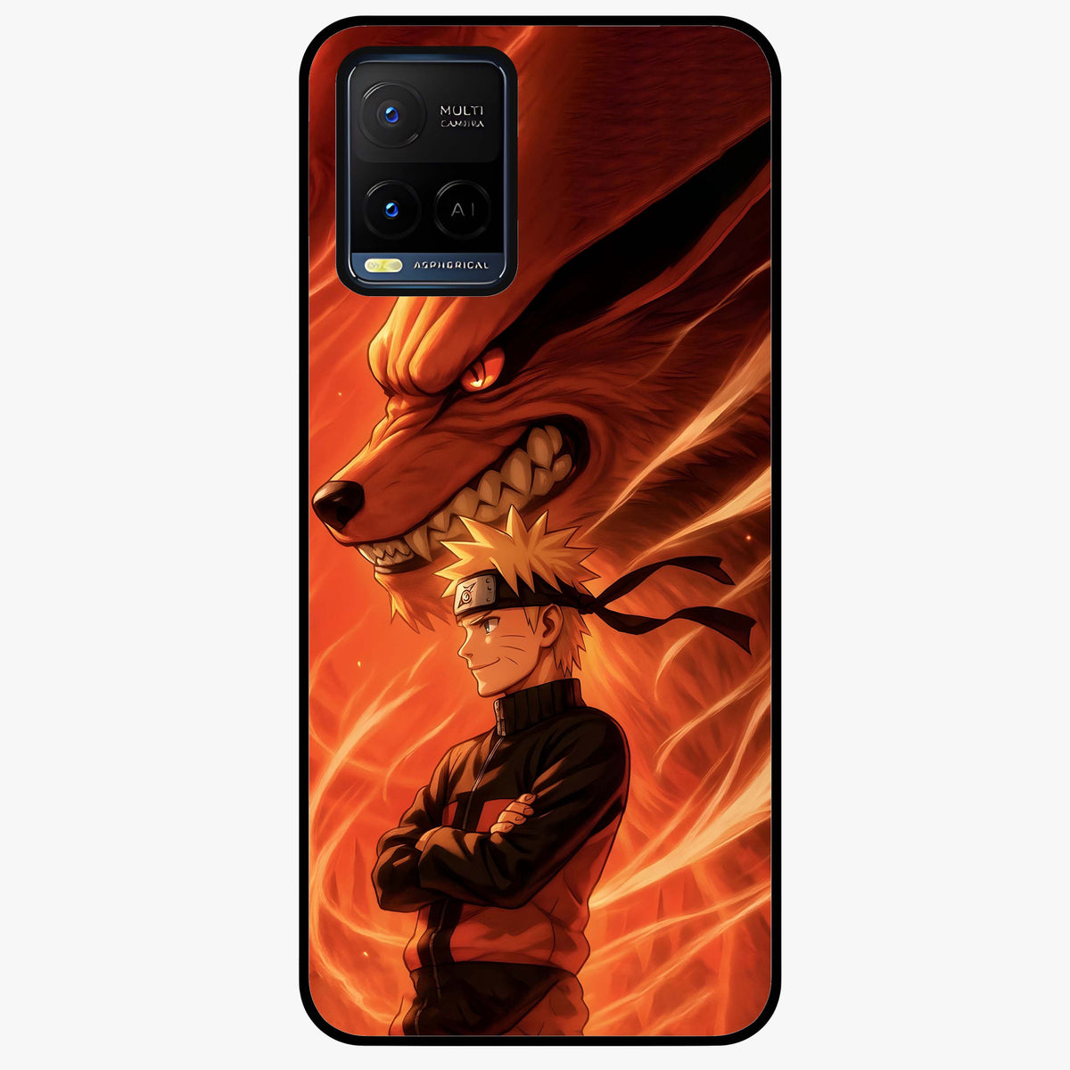 Nine Tails Legacy Glass Case showing flat back view with powerful nine-tailed fox inspired artwork and glossy glass finish.