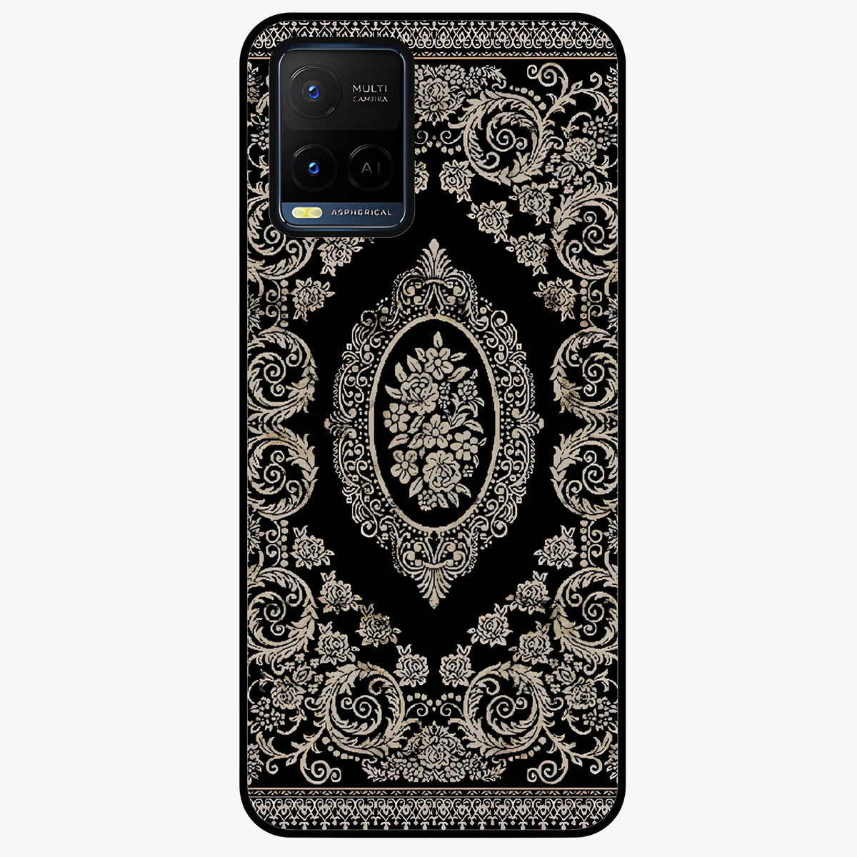 Noir Bloom Elegance Glass Case showing flat back view with elegant dark floral artwork and glossy glass finish.
