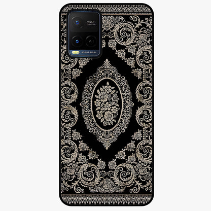 Noir Bloom Elegance Glass Case showing flat back view with elegant dark floral artwork and glossy glass finish.
