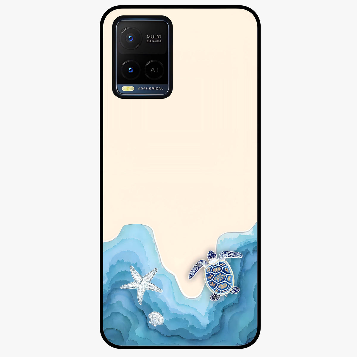 Ocean Drift Turtle Glass Case showing flat back view with sea turtle artwork and glossy glass finish.