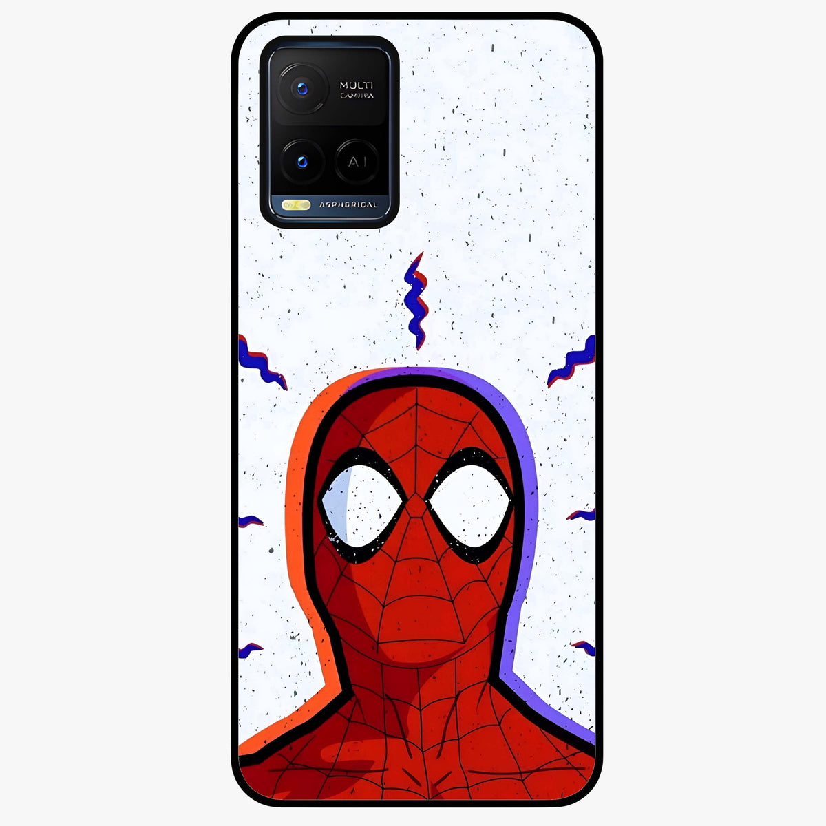 Omg Spiderman Glass Case showing flat back view with bold superhero inspired artwork and glossy glass finish.
