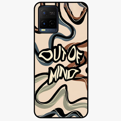 Out Of Mind Glass Case showing flat back view with expressive typography artwork and glossy glass finish.