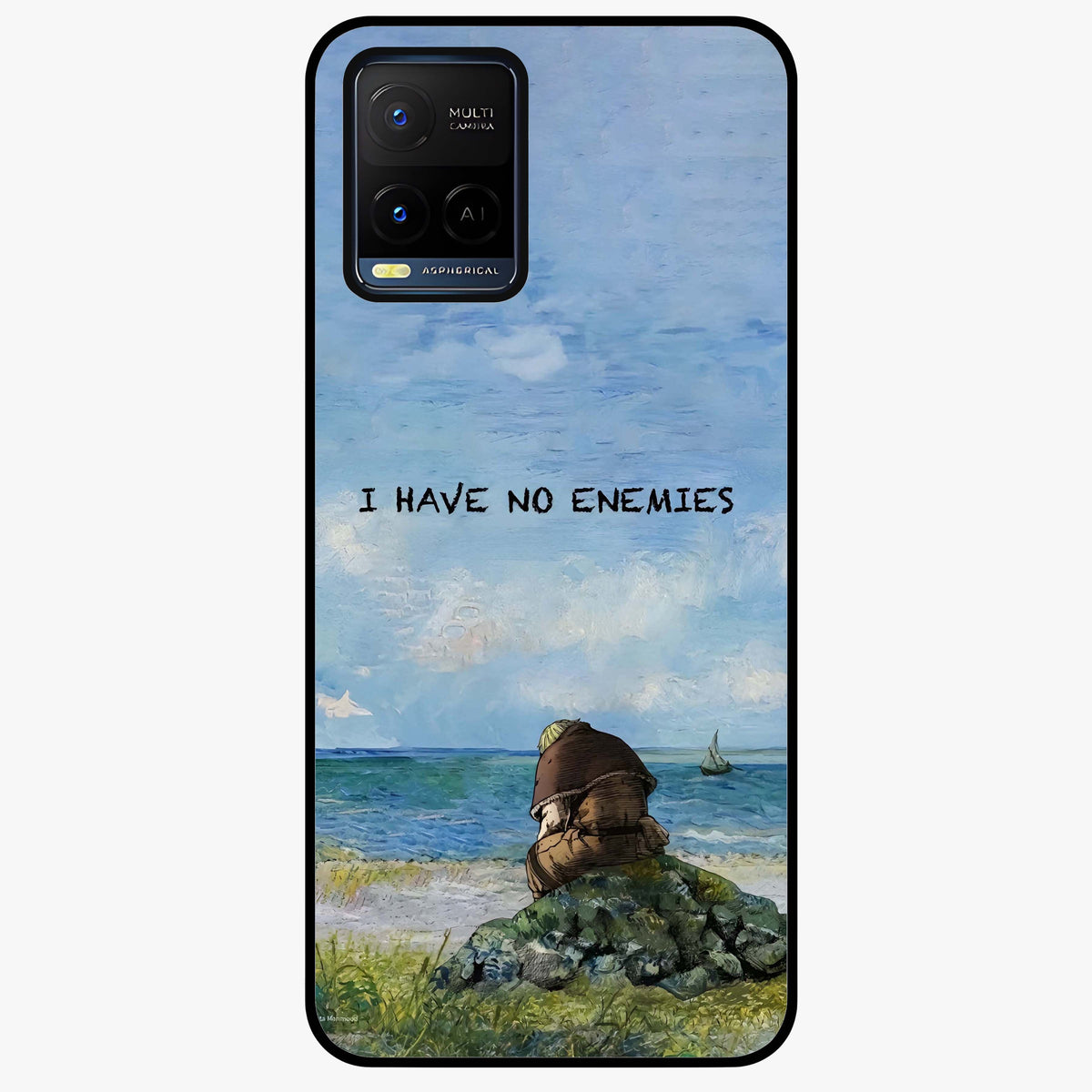 Peace Beyond War Glass Case showing flat back view with symbolic peace themed artwork and glossy glass finish.