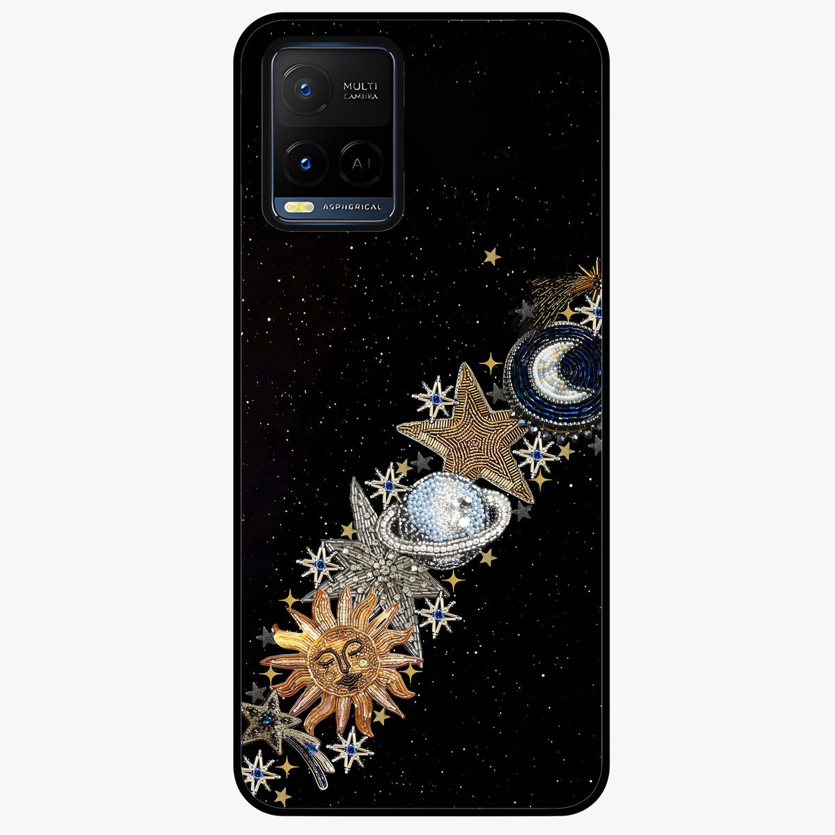Pearls Universe Object Glass Case showing flat back view with pearl inspired cosmic artwork and glossy glass finish.