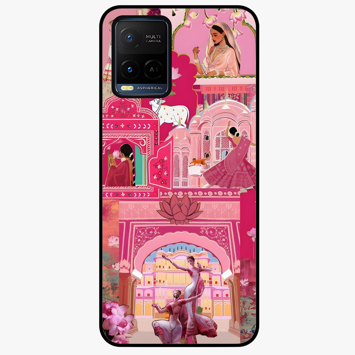 Pink Palace Muse Glass Case showing flat back view with elegant palace inspired artwork and glossy glass finish.