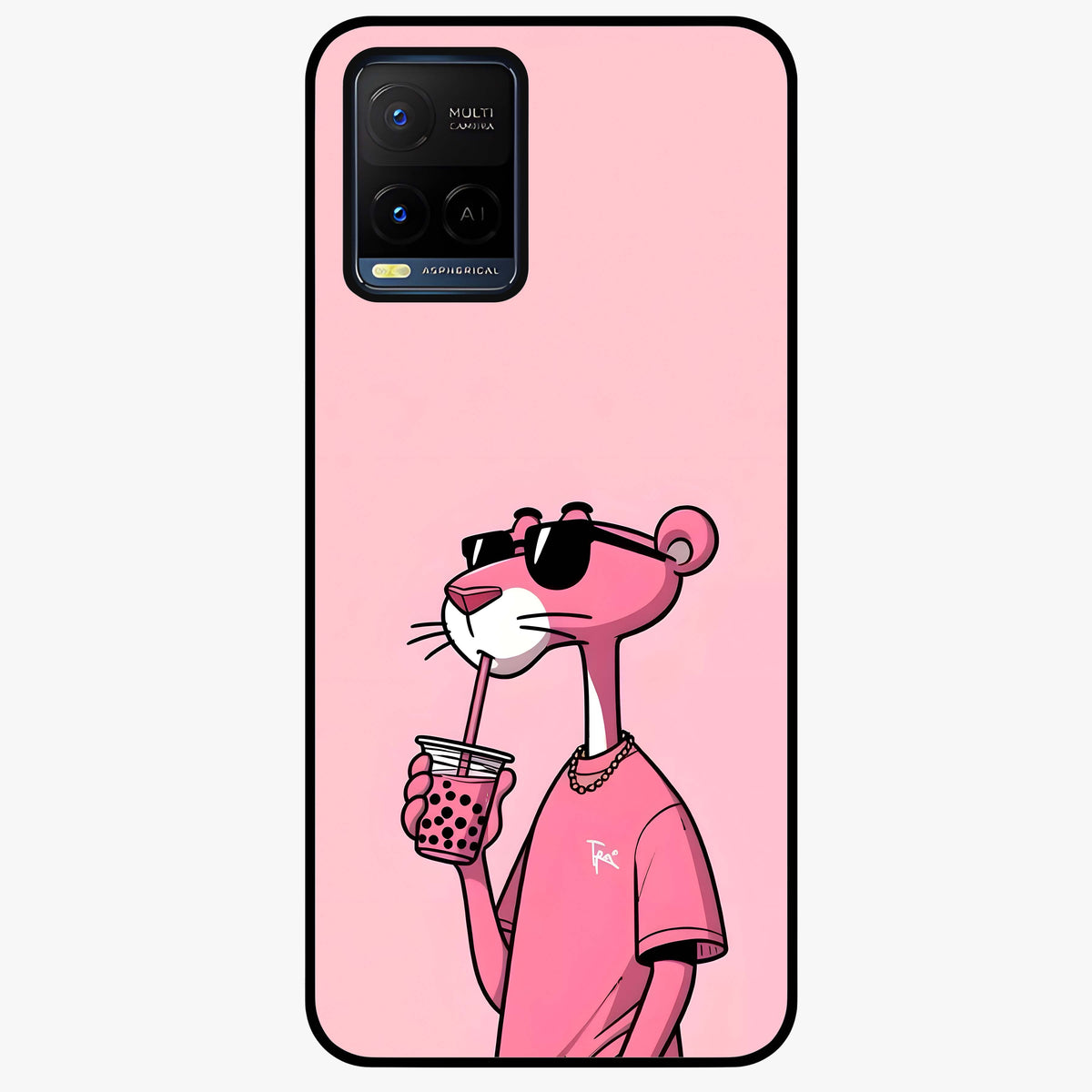 Pink Panther Glass Case showing flat back view with iconic pink panther artwork and glossy glass finish.