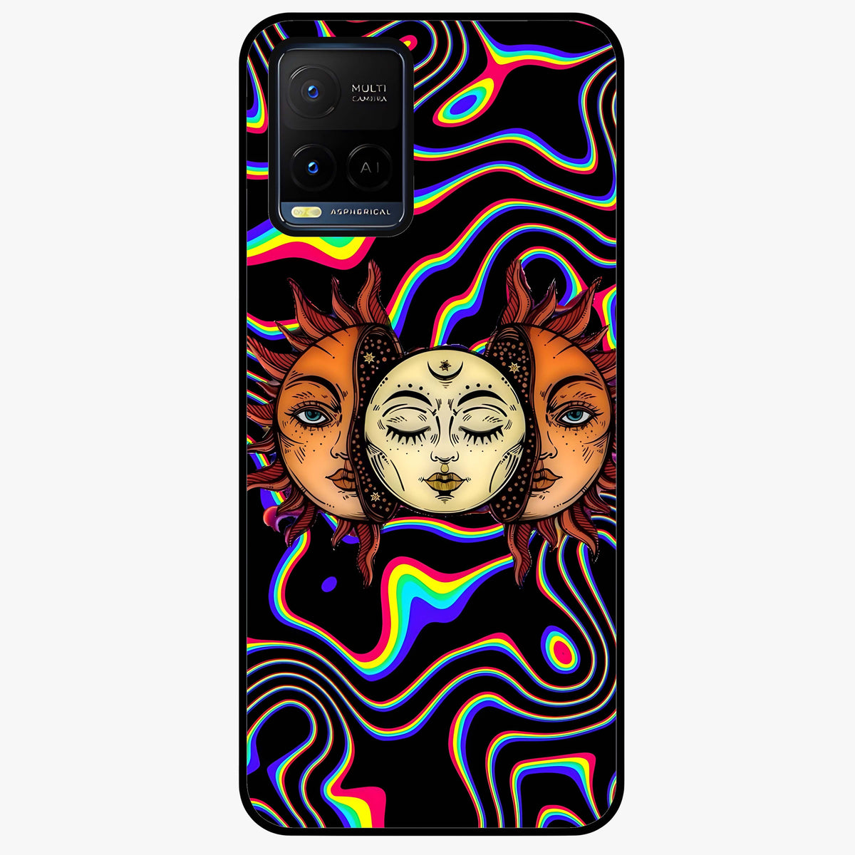 Psychedelic Sun Glass Case showing flat back view with colorful psychedelic sun artwork and glossy glass finish.
