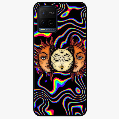 Psychedelic Sun Glass Case showing flat back view with colorful psychedelic sun artwork and glossy glass finish.
