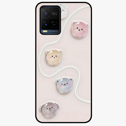 Puffy Face Parade Glass Case showing flat back view with cute puffy character faces artwork and glossy glass finish.