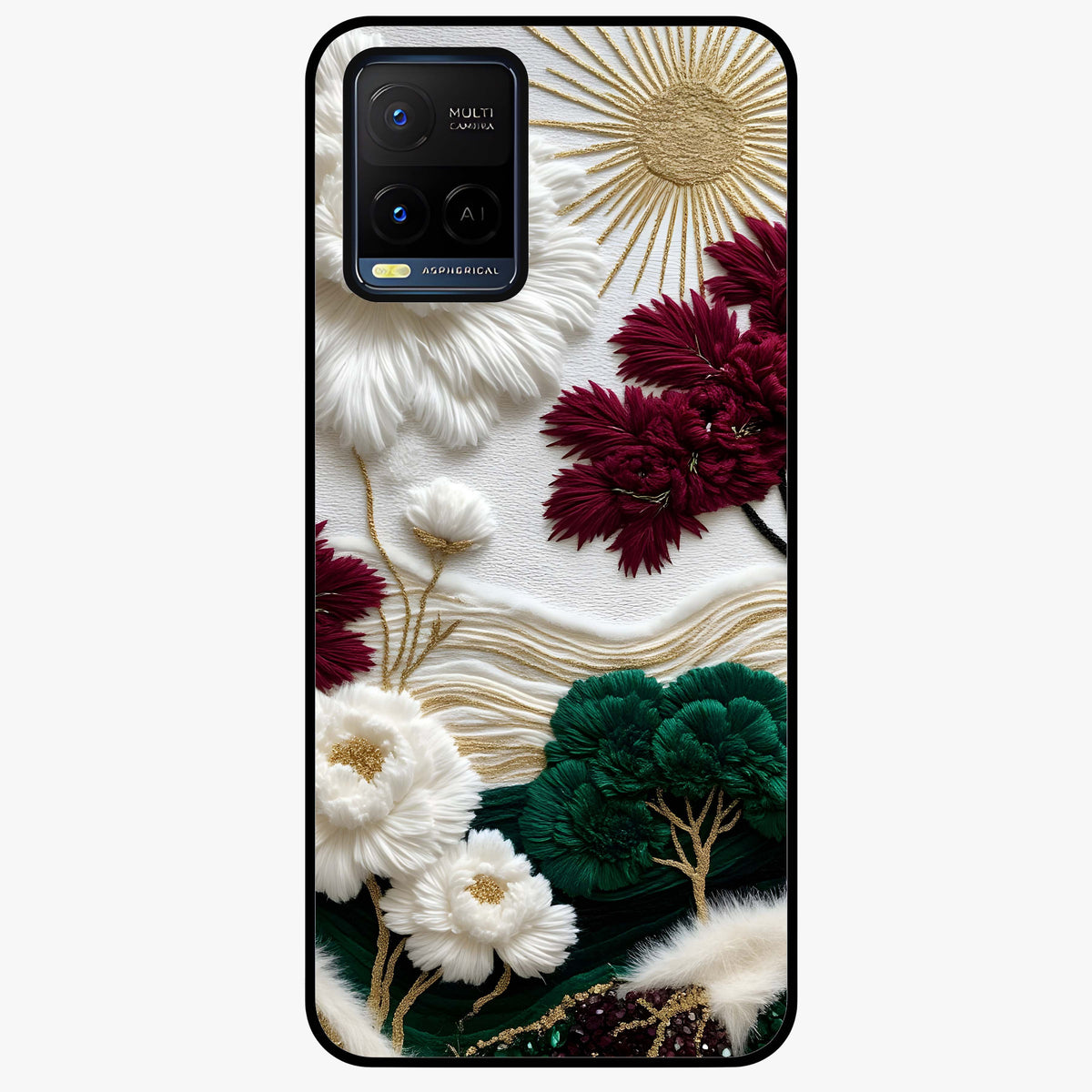 Radiant Bloom Elegance Glass Case showing flat back view with elegant blooming flower artwork and glossy glass finish.