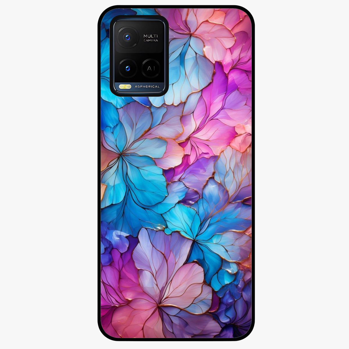 Radiant Floral Whirl Glass Case showing flat back view with swirling floral artwork and glossy glass finish.