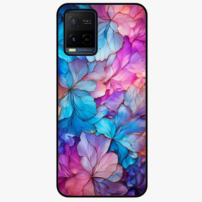 Radiant Floral Whirl Glass Case showing flat back view with swirling floral artwork and glossy glass finish.