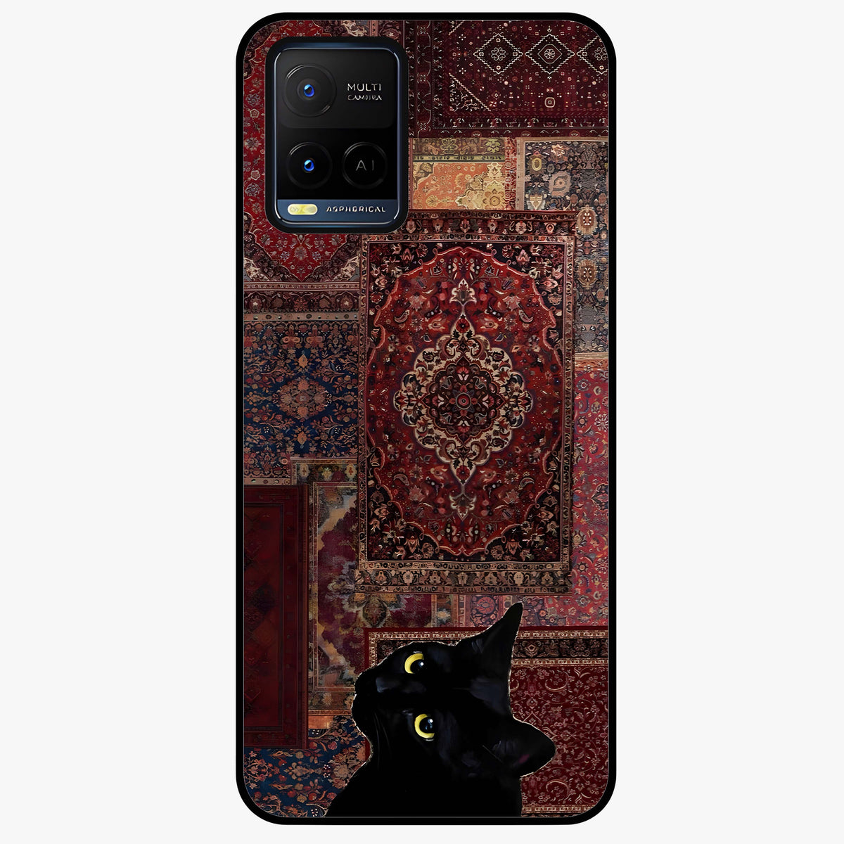 Regal Magic Cat Apple Glass Case showing flat back view with magical cat artwork holding apple and glossy glass finish.