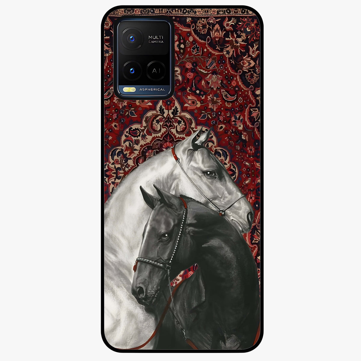 Regal Stallion Tapestry Glass Case showing flat back view with majestic horse tapestry artwork and glossy glass finish.