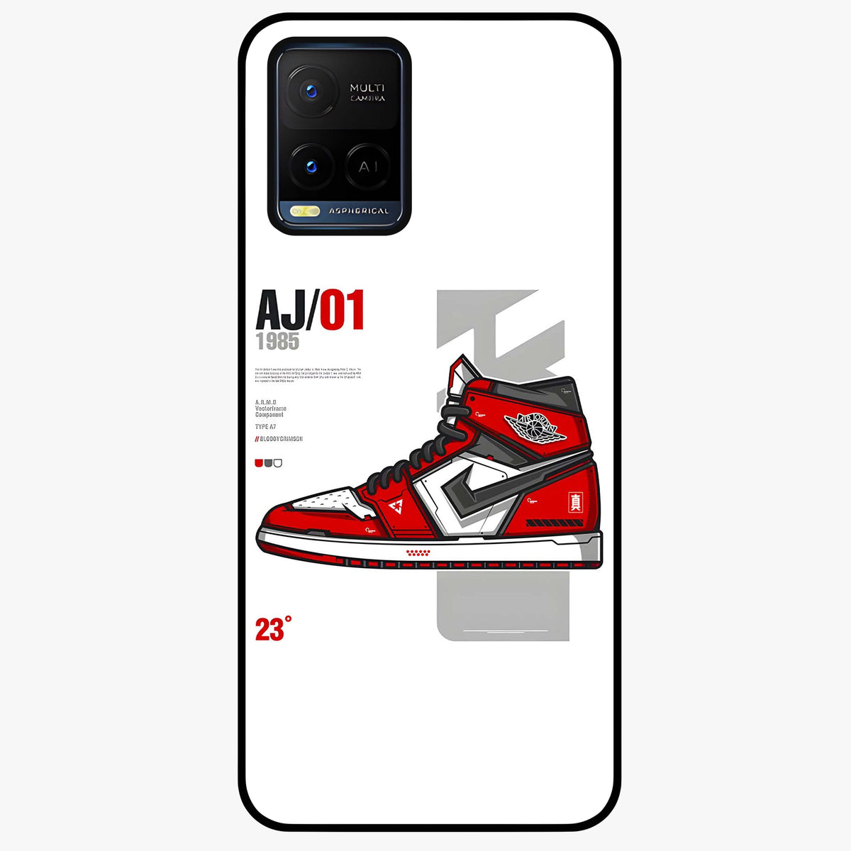 Retro Sneaker Blueprint Glass Case showing flat back view with sneaker blueprint style artwork and glossy glass finish.