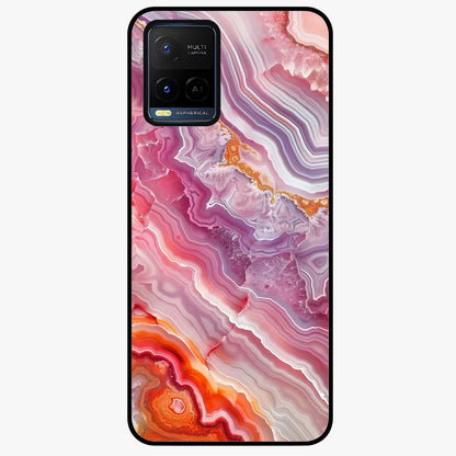 Rose Quartz Marble Glass Case showing flat back view with pink marble quartz texture artwork and glossy glass finish.