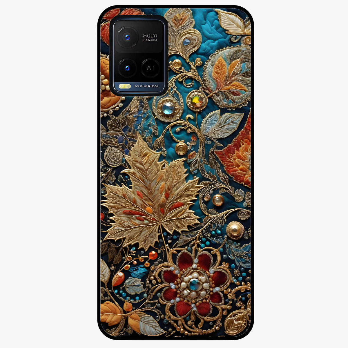 Royal Jewel Garden Glass Case showing flat back view with decorative floral garden artwork and glossy glass finish.