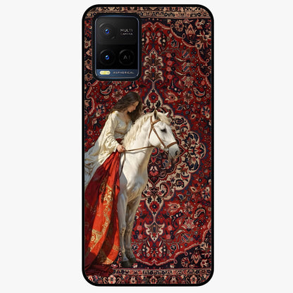 Royal Rider Tapestry Glass Case showing flat back view with majestic horse rider tapestry artwork and glossy glass finish.
