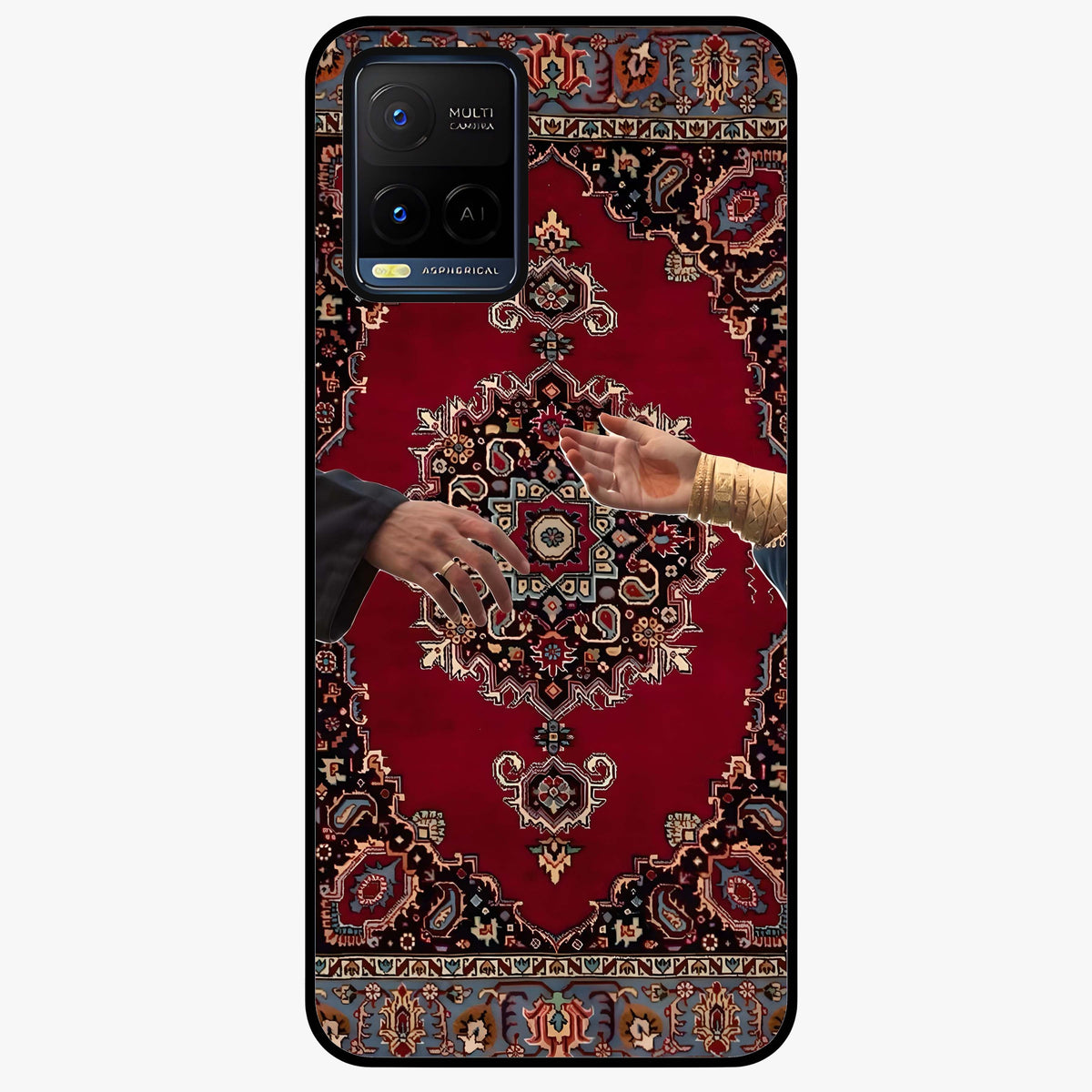 Royal Touch Reach Glass Case showing flat back view with elegant royal themed artwork and glossy glass finish.