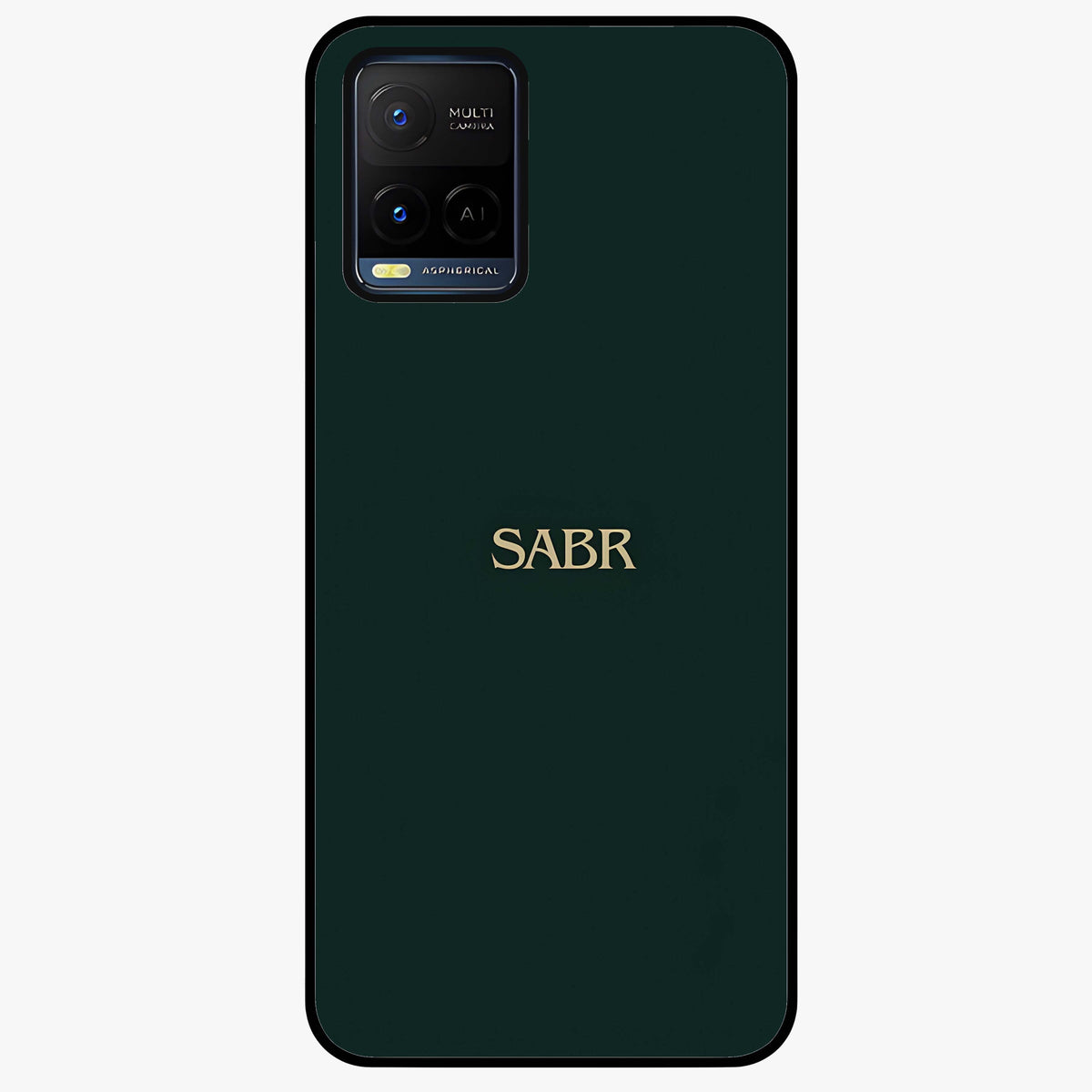 Sabr Minimal Patience Glass Case showing flat back view with minimalist typography artwork and glossy glass finish.