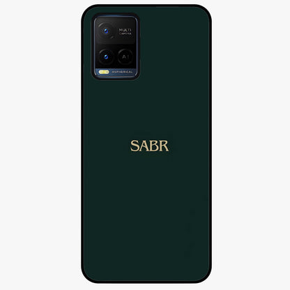 Sabr Minimal Patience Glass Case showing flat back view with minimalist typography artwork and glossy glass finish.