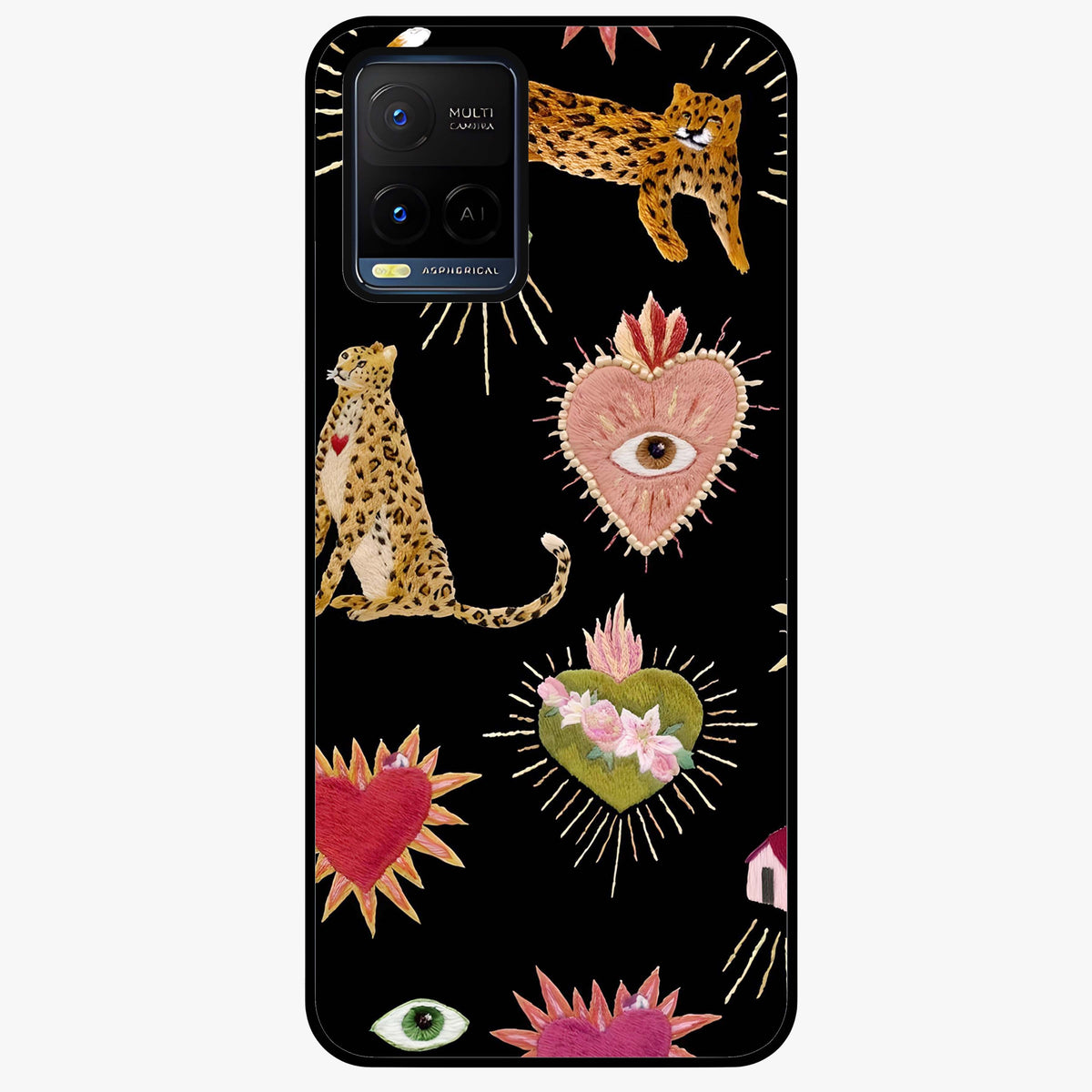 Sacred Jungle Heart Glass Case showing flat back view with jungle inspired heart artwork and glossy glass finish.