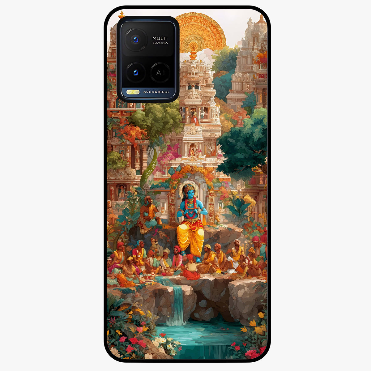 Sacred Sunlight Gods Glass Case showing flat back view with divine sunlight themed artwork and glossy glass finish.