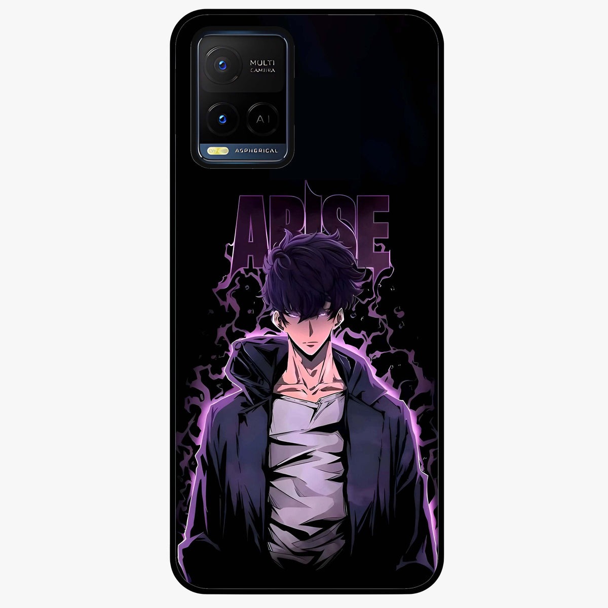 Shadow Monarch Awakening Glass Case showing flat back view with powerful dark monarch themed artwork and glossy glass finish.