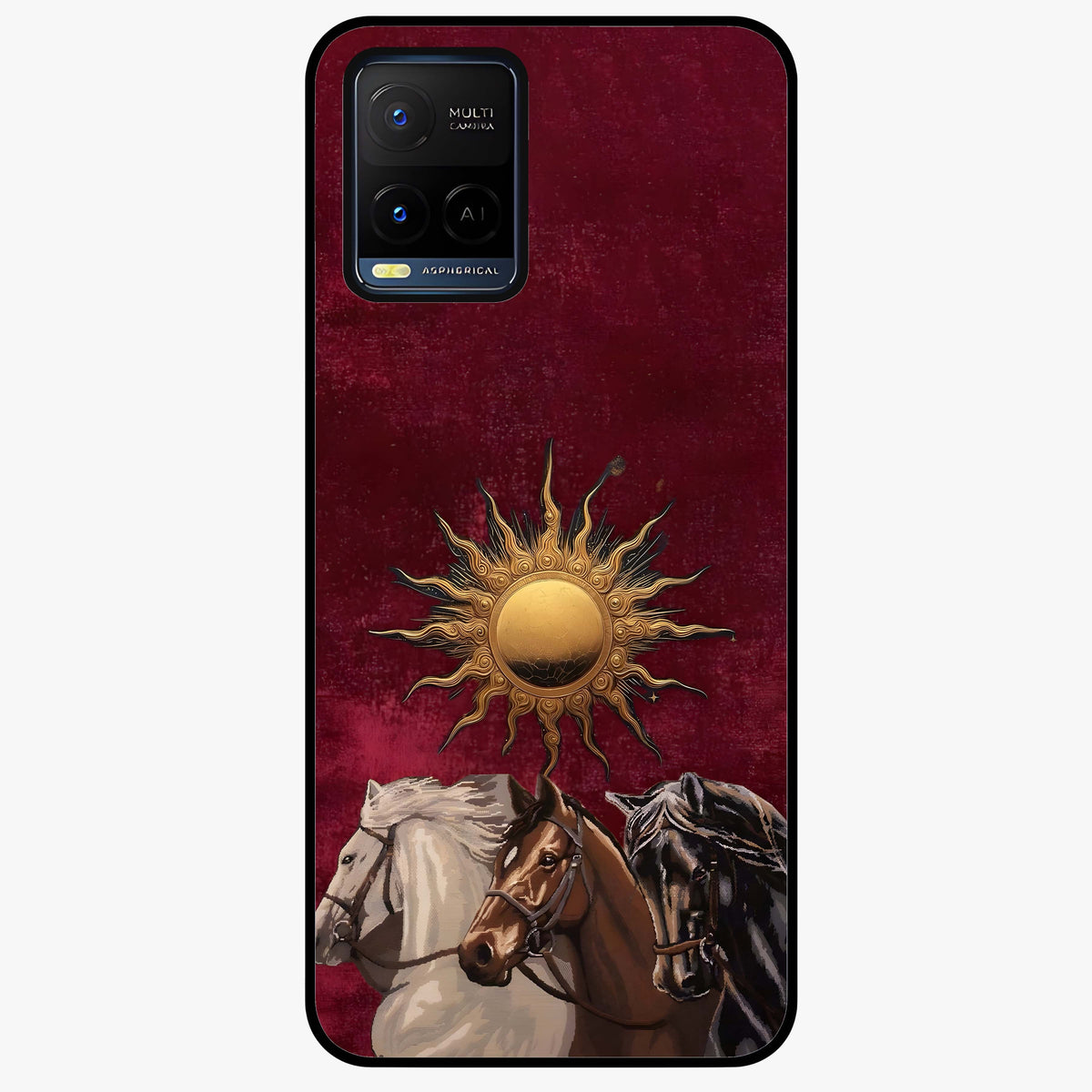 Solar Riders Glass Case showing flat back view with dynamic rider themed artwork and glossy glass finish.