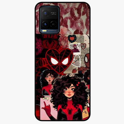 Spider Love Story Glass Case showing flat back view with romantic superhero themed artwork and glossy glass finish.