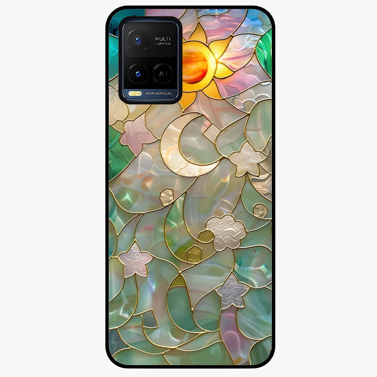 Stained Sunrise Glow Glass Case showing flat back view with glowing sunrise stained pattern artwork and glossy glass finish.