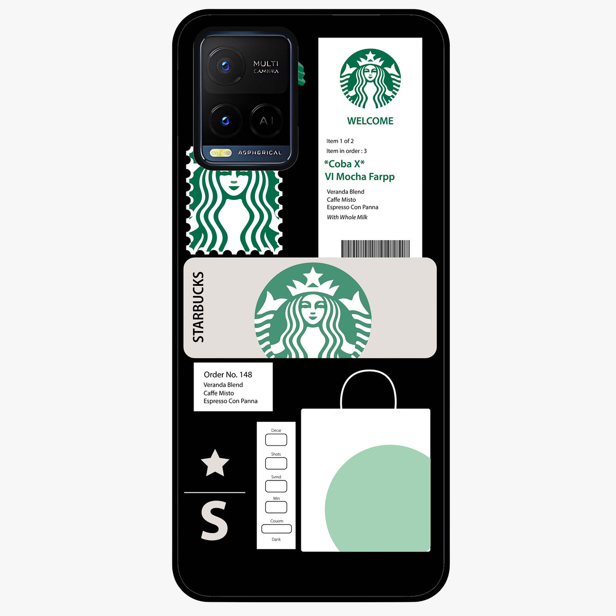 Starbucks Mocha Glass Case showing flat back view with coffee inspired artwork and glossy glass finish.
