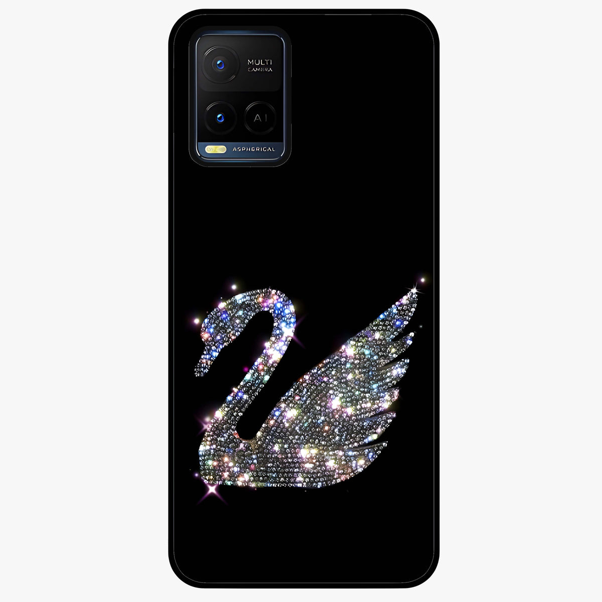 Starlit Swan Grace Glass Case showing flat back view with graceful swan artwork under starry sky and glossy glass finish.