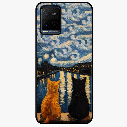 Starry River Cats Glass Case showing flat back view with cats by a starry river artwork and glossy glass finish.