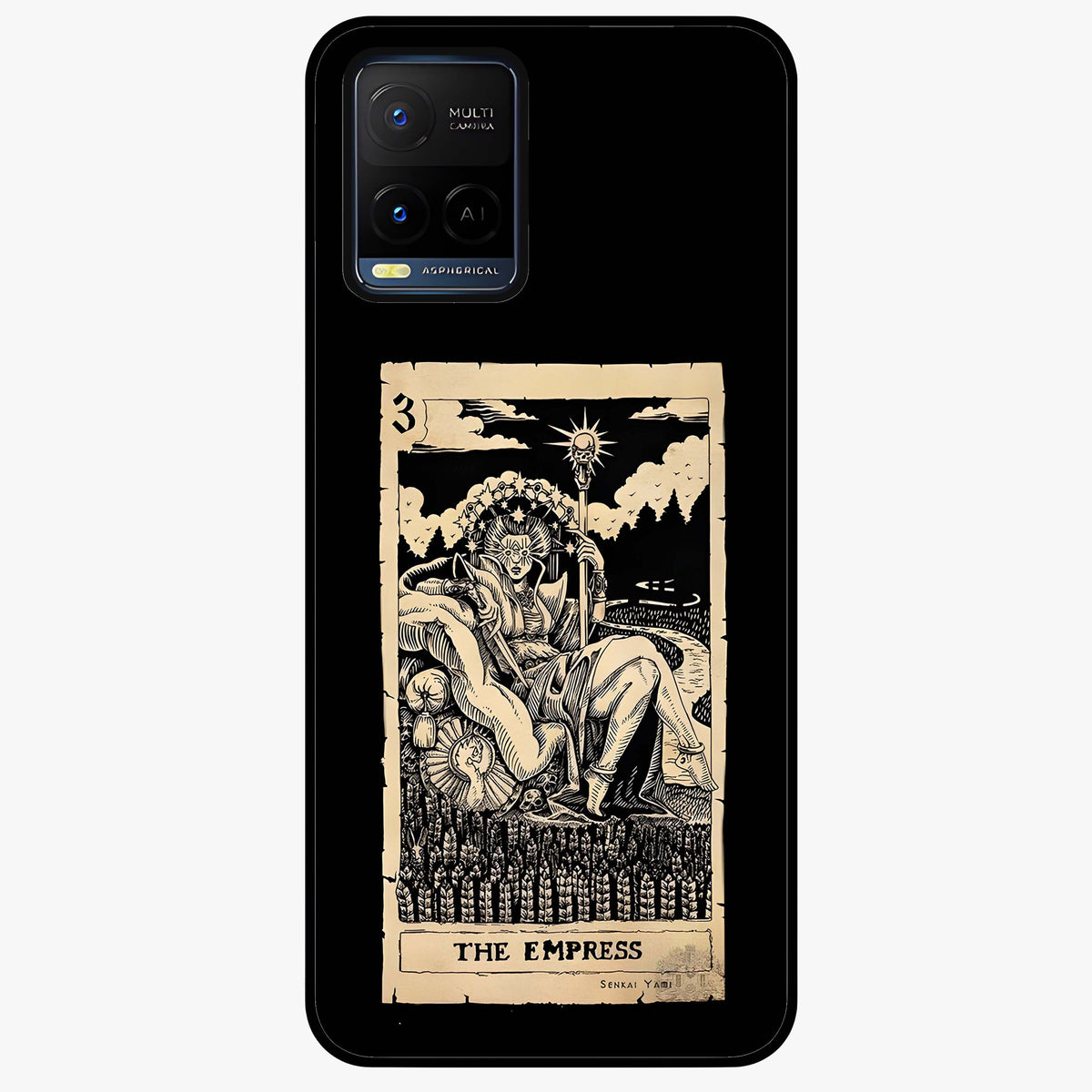 The Empress Glass Case showing flat back view with regal feminine artwork and glossy glass finish.