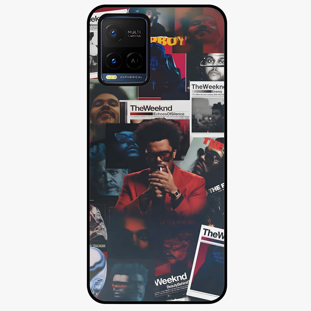 The Weeknd Glass Case showing flat back view with music inspired artistic portrait artwork and glossy glass finish.