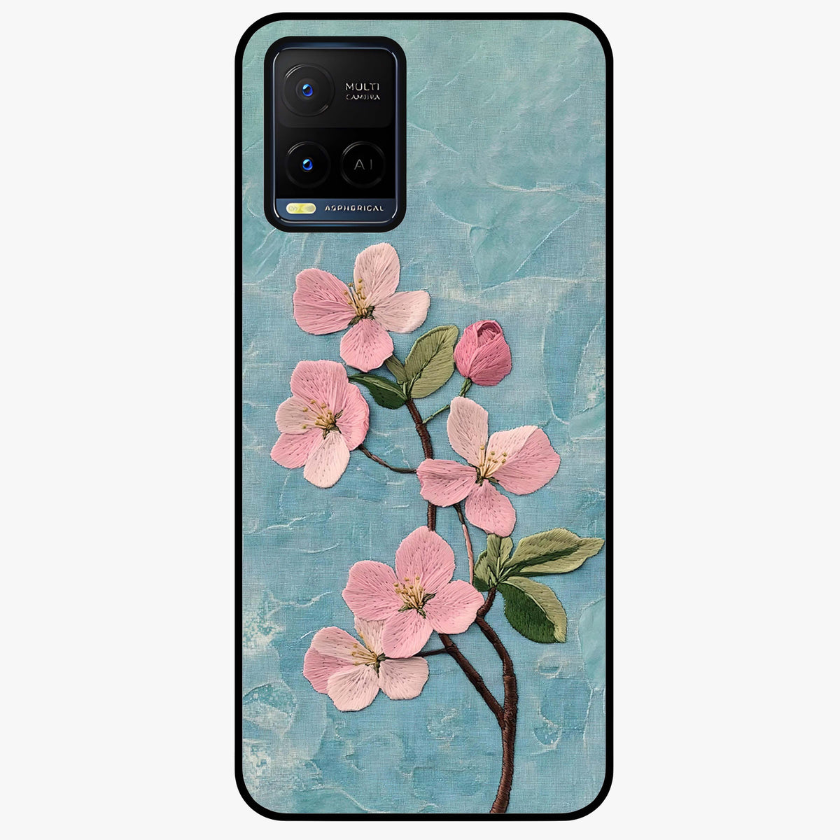 Threaded Blossom Breeze Glass Case showing flat back view with delicate blossom artwork and glossy glass finish.