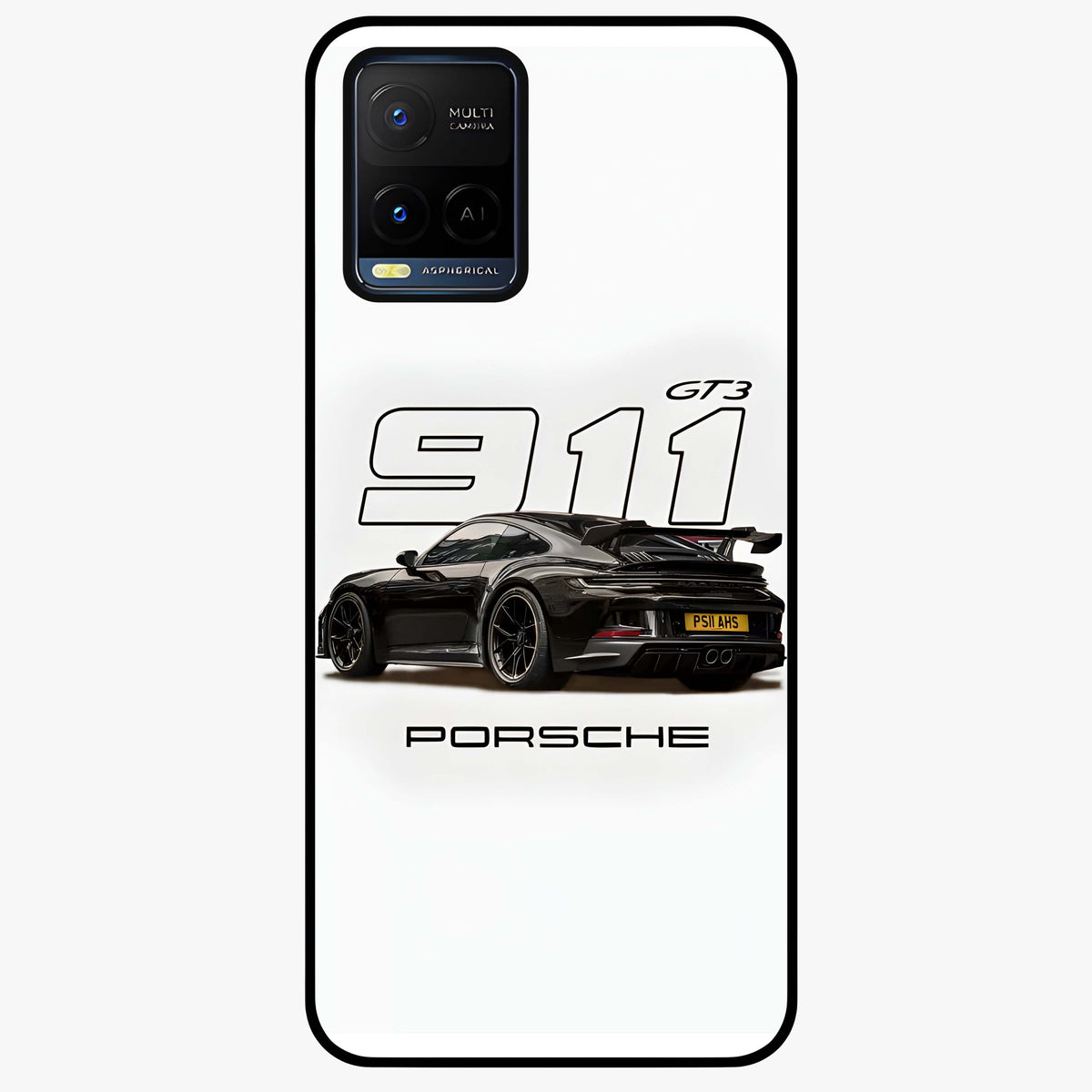 Turbo Legacy Icon Glass Case showing flat back view with iconic sports car inspired artwork and glossy glass finish.