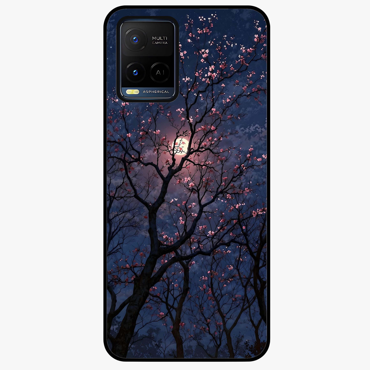 Twilight Sakura Serenade Glass Case showing flat back view with cherry blossom artwork at twilight and glossy glass finish.