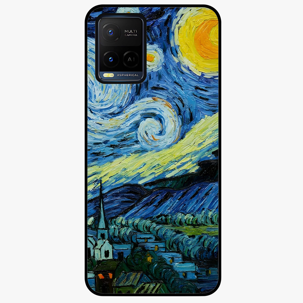 Van Gogh Art Glass Case showing flat back view with classic painterly artwork inspired by Van Gogh style and glossy glass finish.