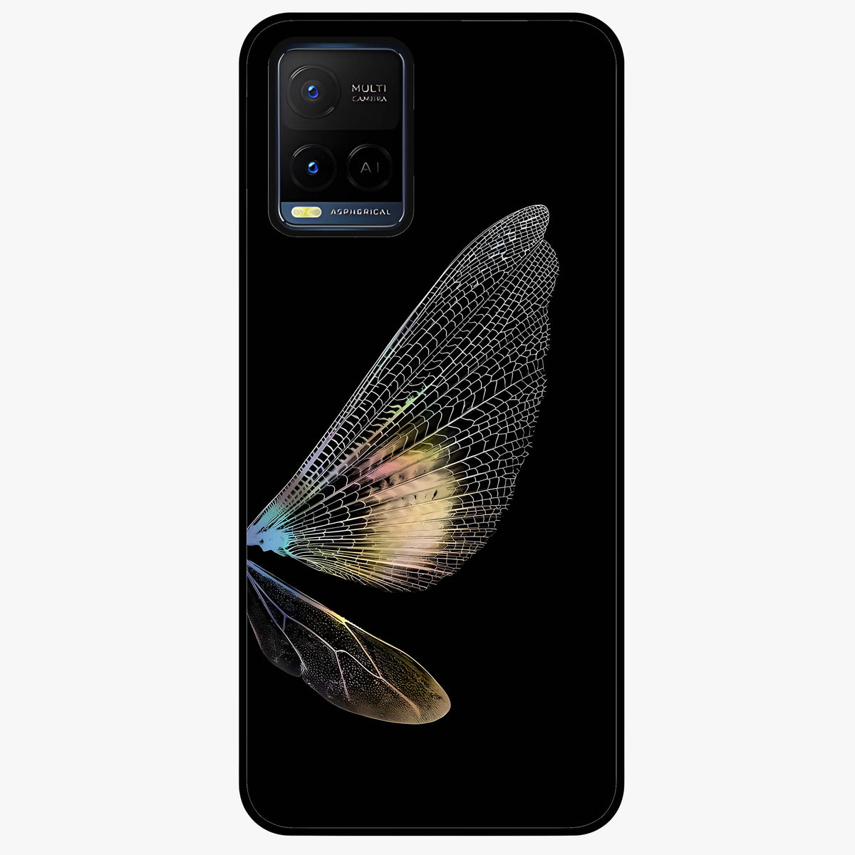 Whispers Of Wings Glass Case showing flat back view with graceful wing inspired artwork and glossy glass finish.