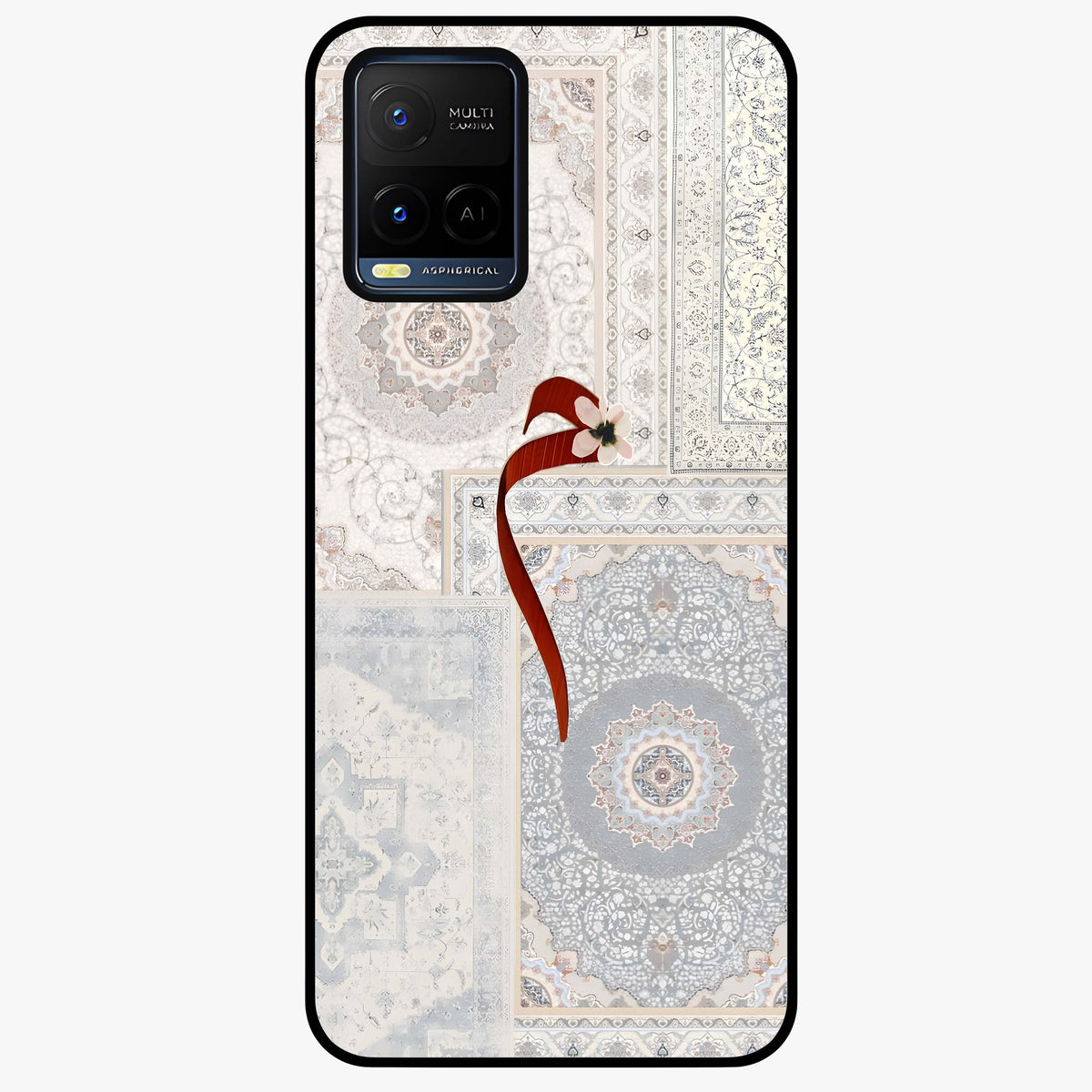 White Aesthetic Bow Glass Case showing flat back view with minimal bow artwork and glossy glass finish.