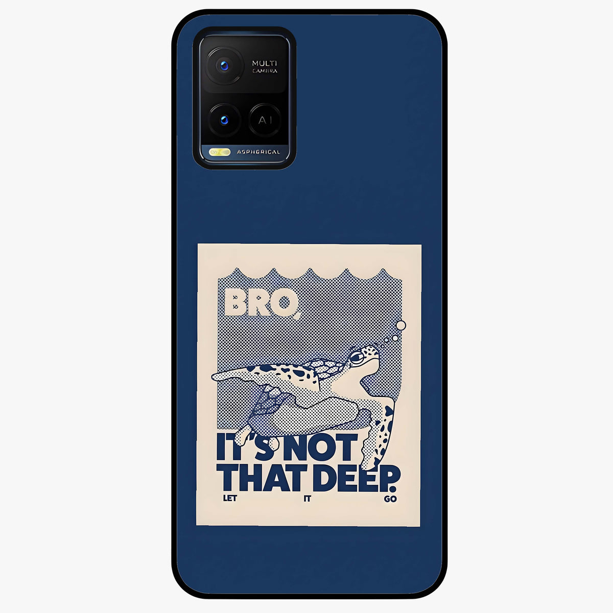 Worry Less Swim Glass Case showing flat back view with playful motivational artwork and glossy glass finish.