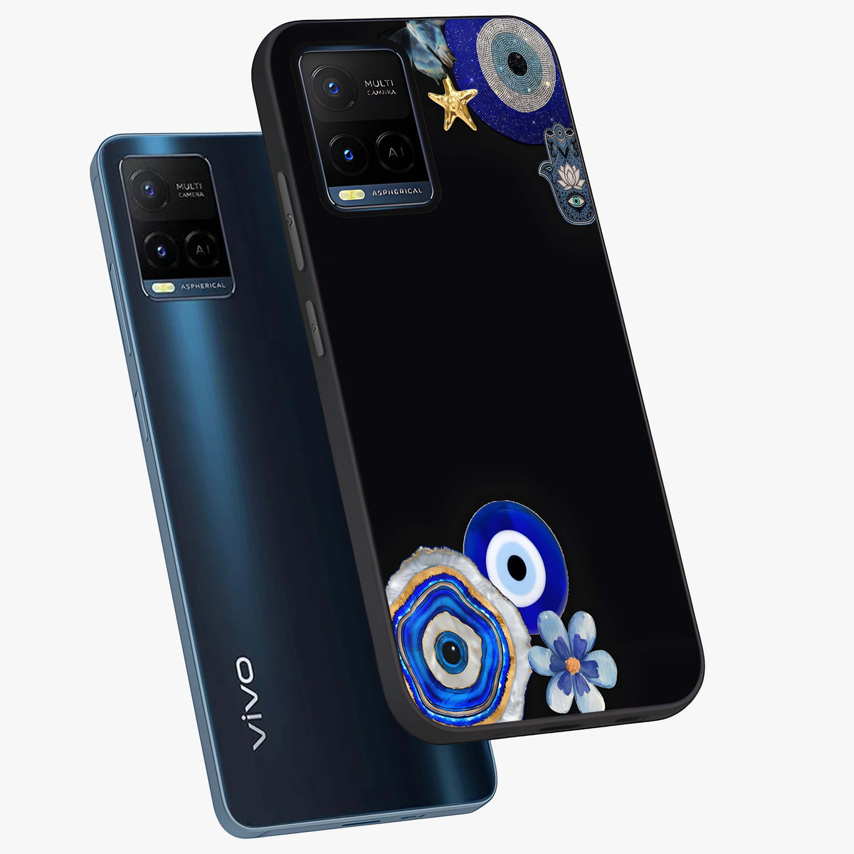 Aesthetic Blue Evil Eye Glass Case displayed in angled mockup highlighting blue evil eye symbol and spiritual aesthetic design.