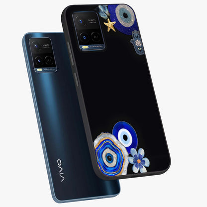 Aesthetic Blue Evil Eye Glass Case displayed in angled mockup highlighting blue evil eye symbol and spiritual aesthetic design.
