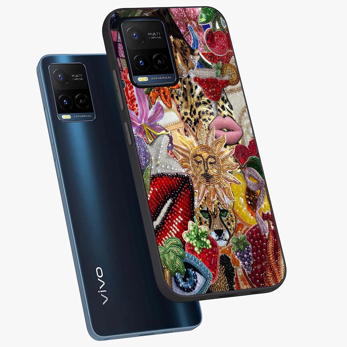 Beaded Fashion Jungle Glass Case displayed in angled mockup highlighting colorful fashion bead design and artistic pattern.