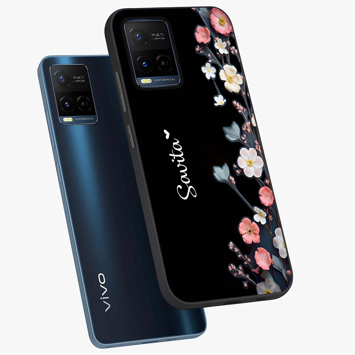 Black Elegance Floral Custom Name Glass Case displayed in angled mockup highlighting dark floral aesthetic and custom name feature.