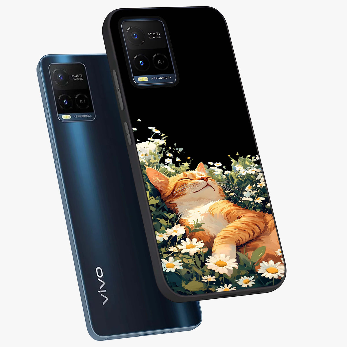 Blissful Bloom Cat Glass Case displayed in angled mockup highlighting playful feline illustration with soft floral aesthetic.
