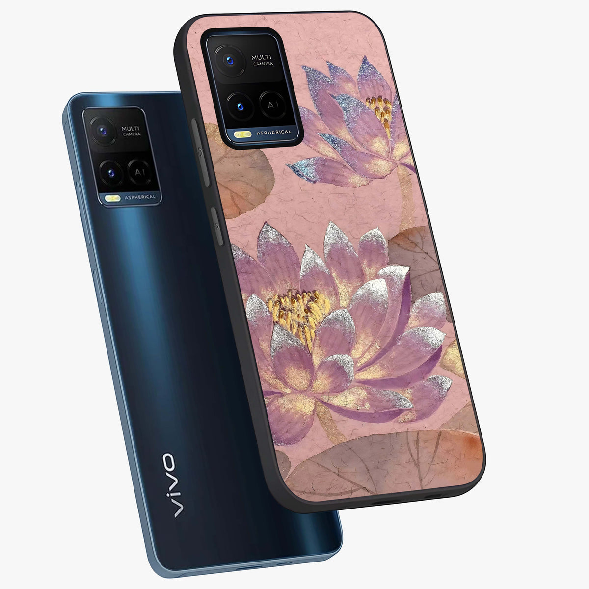 Blossom Mist Lotus Glass Case displayed in angled mockup highlighting delicate lotus illustration with calm aesthetic theme.
