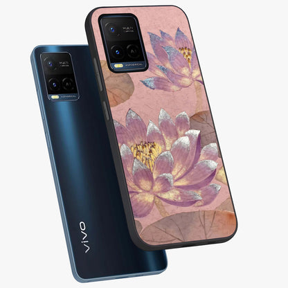 Blossom Mist Lotus Glass Case displayed in angled mockup highlighting delicate lotus illustration with calm aesthetic theme.
